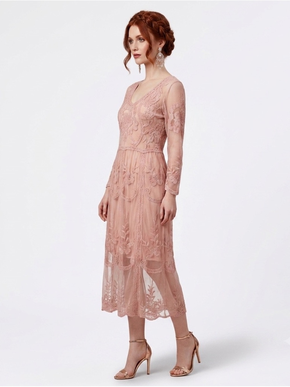 Roolee Light Pink Lace Embroidered  Dress